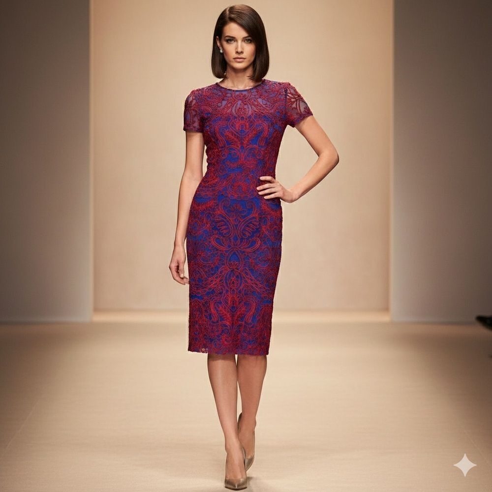Women Red Blue J.S. Collections Soutache Chiffon Cocktail Embroidery Dress Sz 2